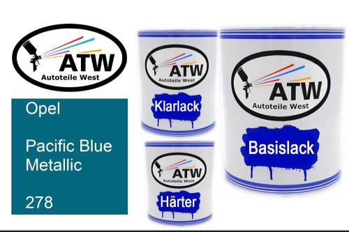 Opel, Pacific Blue Metallic, 278: 1L Lackdose + 1L Klarlack + 500ml Härter - Set, von ATW Autoteile West.